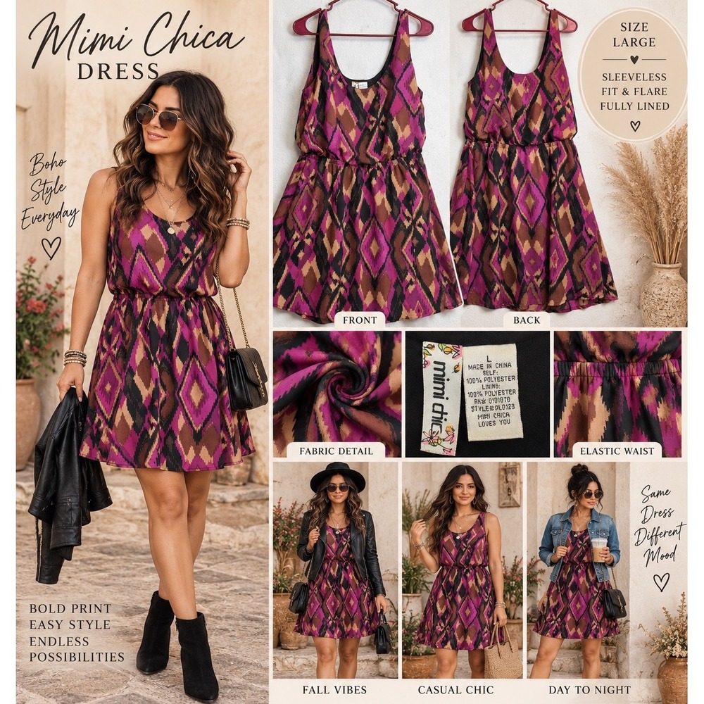 Mimi Chica Sleeveless Fit & Flare Dress Large Magenta Brown Ikat Boho DL0123